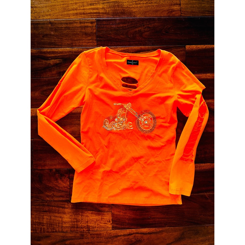 Forgiven Motorcycle Top Women L Orange Excellent Rhinestone Angel Wing Cutout
